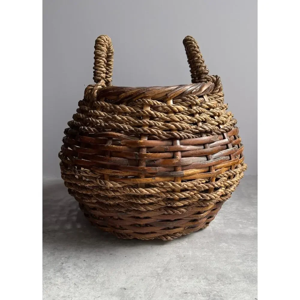 Vintage French Style Round Wicker Basket Large Dual Handle Gathering Primitive